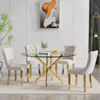 Round Glass Dining Table Set for 4, Small Kitchen Table Set for 4, 47" Circle Gold Glass Dinner Table for 4 with Beige Velvet Chairs, 5 Piece Dining Room Table Set for 4 for Breakfast Dinette Cafe