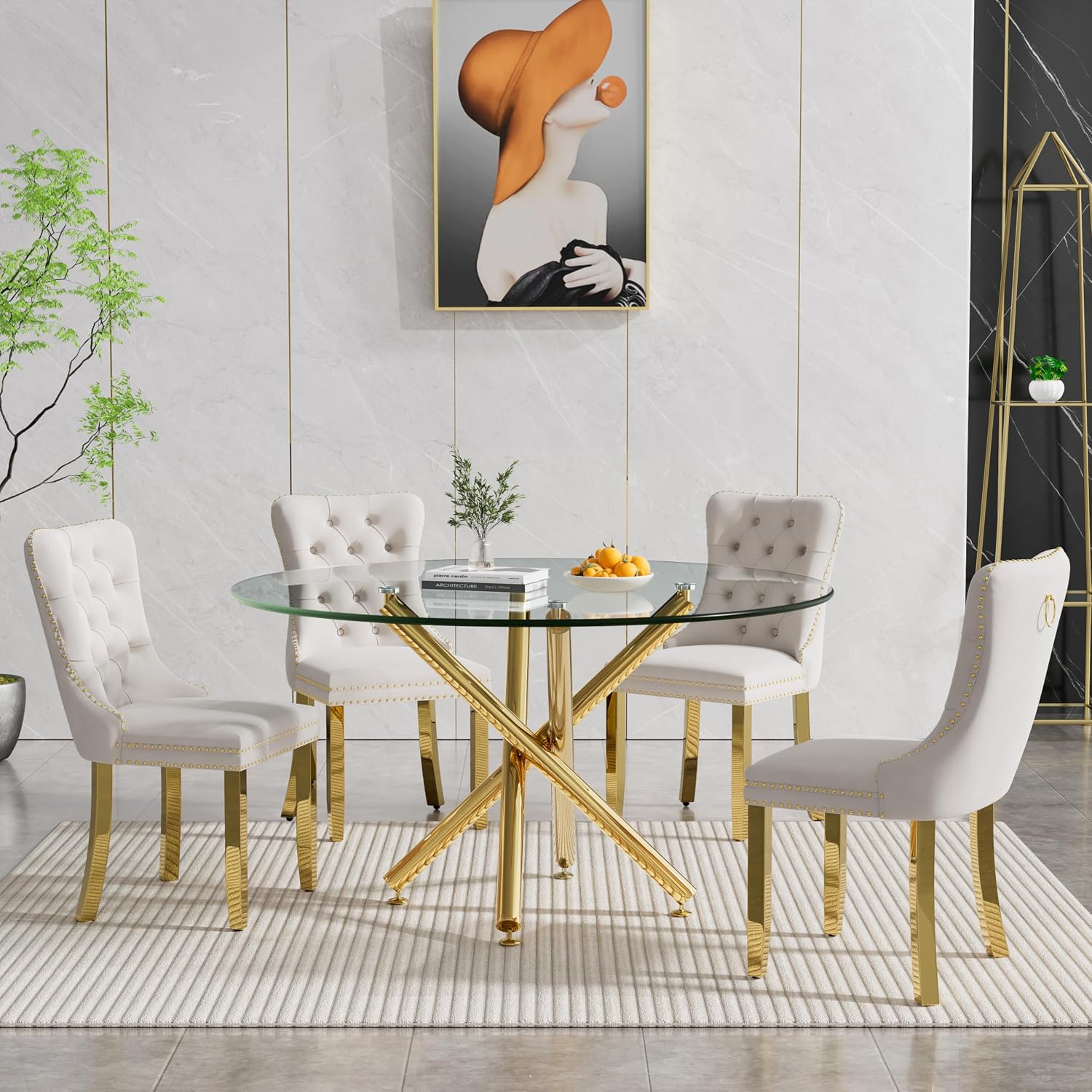 Round Glass Dining Table Set for 4, Small Kitchen Table Set for 4, 47" Circle Gold Glass Dinner Table for 4 with Beige Velvet Chairs, 5 Piece Dining Room Table Set for 4 for Breakfast Dinette Cafe
