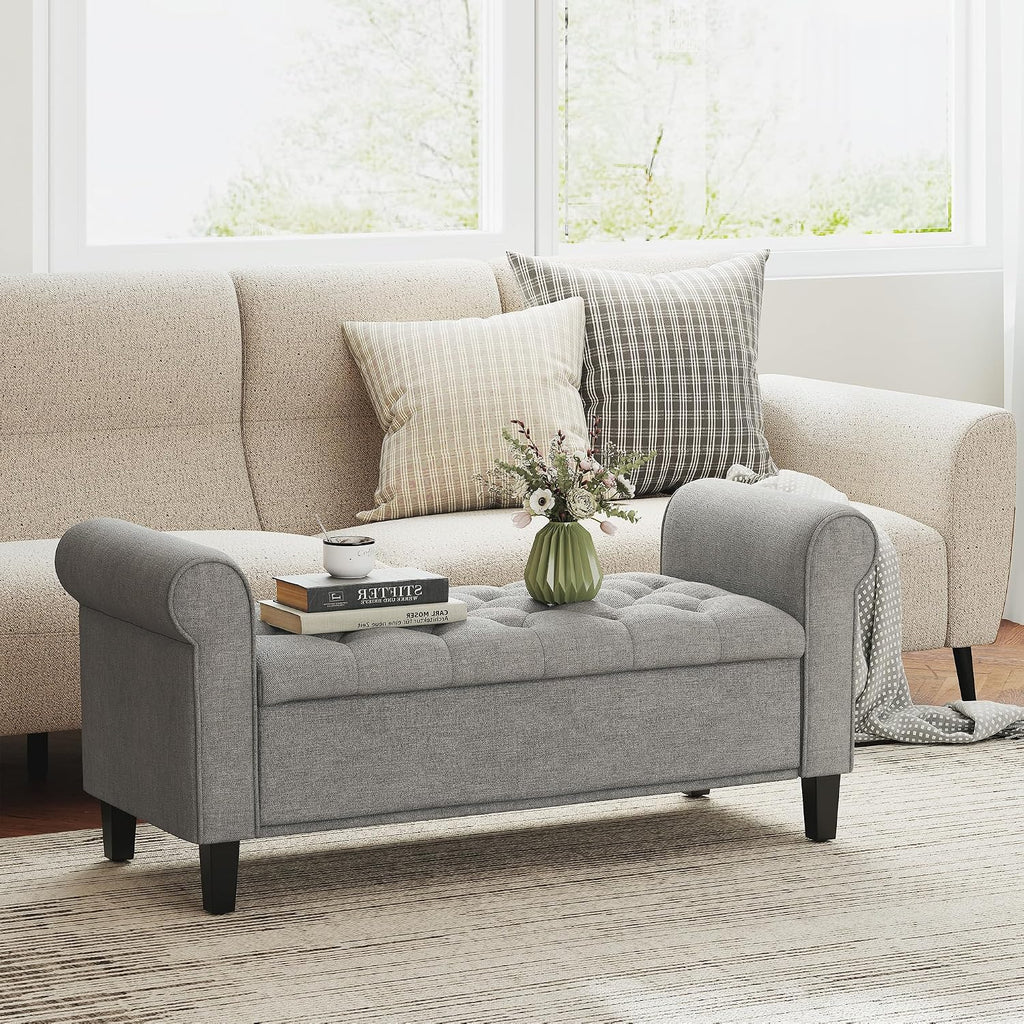 HOMCOM 50" Storage Ottoman Bench Button Tufted End of Bed Bench Gray | Upholstered, Rolled Arms, Wood Legs, Safety Hinges, for Living Room, Entryway, Bedroom