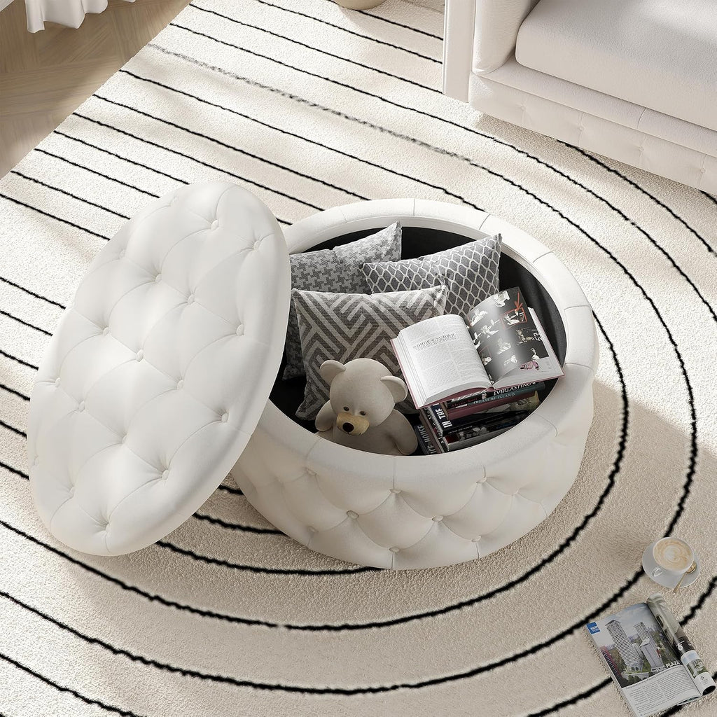 FiveWillowise 30 Inch Round Ottoman with Storage Tray,Large Coffee Table | Circle Modern Button Footstool with Removable Lid,Cozy Foot Stools for Living Room, Bedroom,Makeup Room,Cream White