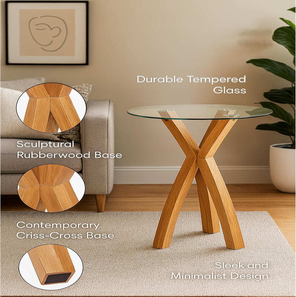 Round Glass End Table, Small Sofa Side Table for Living Room, Bedroom. Stylish Wood Legs with 20” Tempered Glass Top. Nature Oak