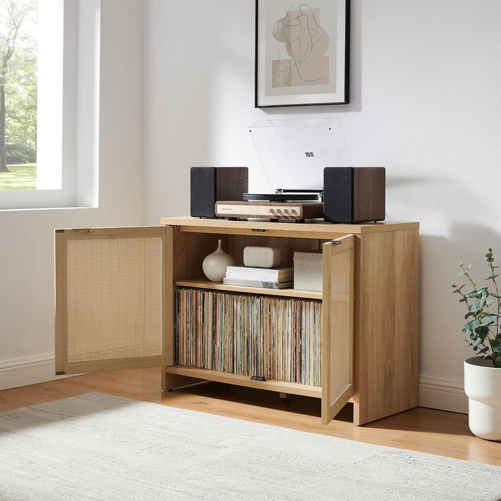 Crosley Furniture Kenji Record Player Cabinet with Vinyl Storage, Media Stand, Modern Home Organizer, Ash
