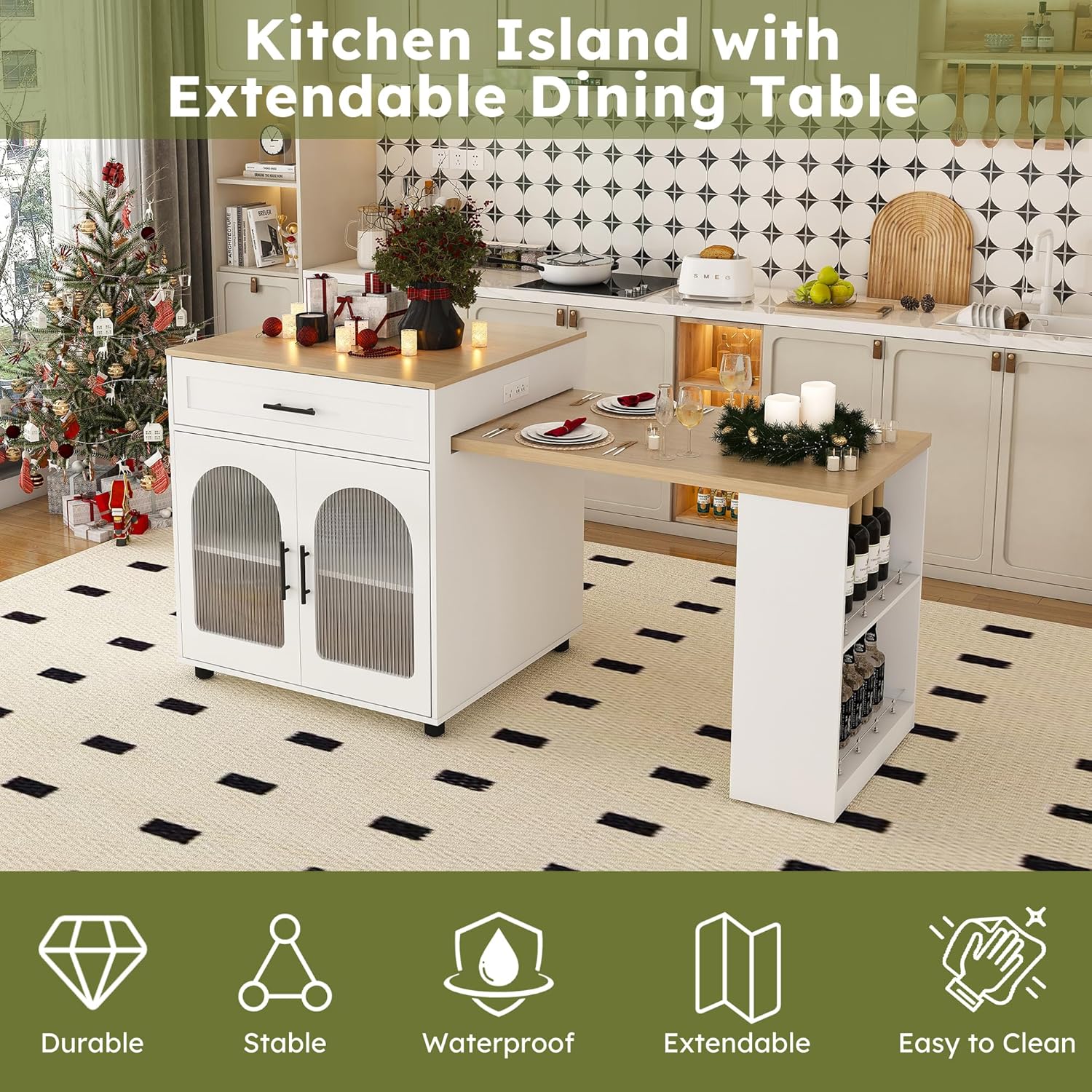 80" Kitchen Island with Extendable Dining Table, Marble-Grain Countertop with Power Outlet, Rolling Kitchen Cart with Storage Cabinet & 2 Drawers for Dining Room House Bar,Black