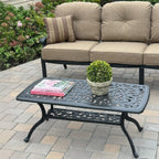 Darlee 4-Piece Cast Aluminum Outdoor Seating Set with 42x21 Inch Rectangular Table, Swivel Rockers, and Throw Pillows in Antique Bronze/Sesame