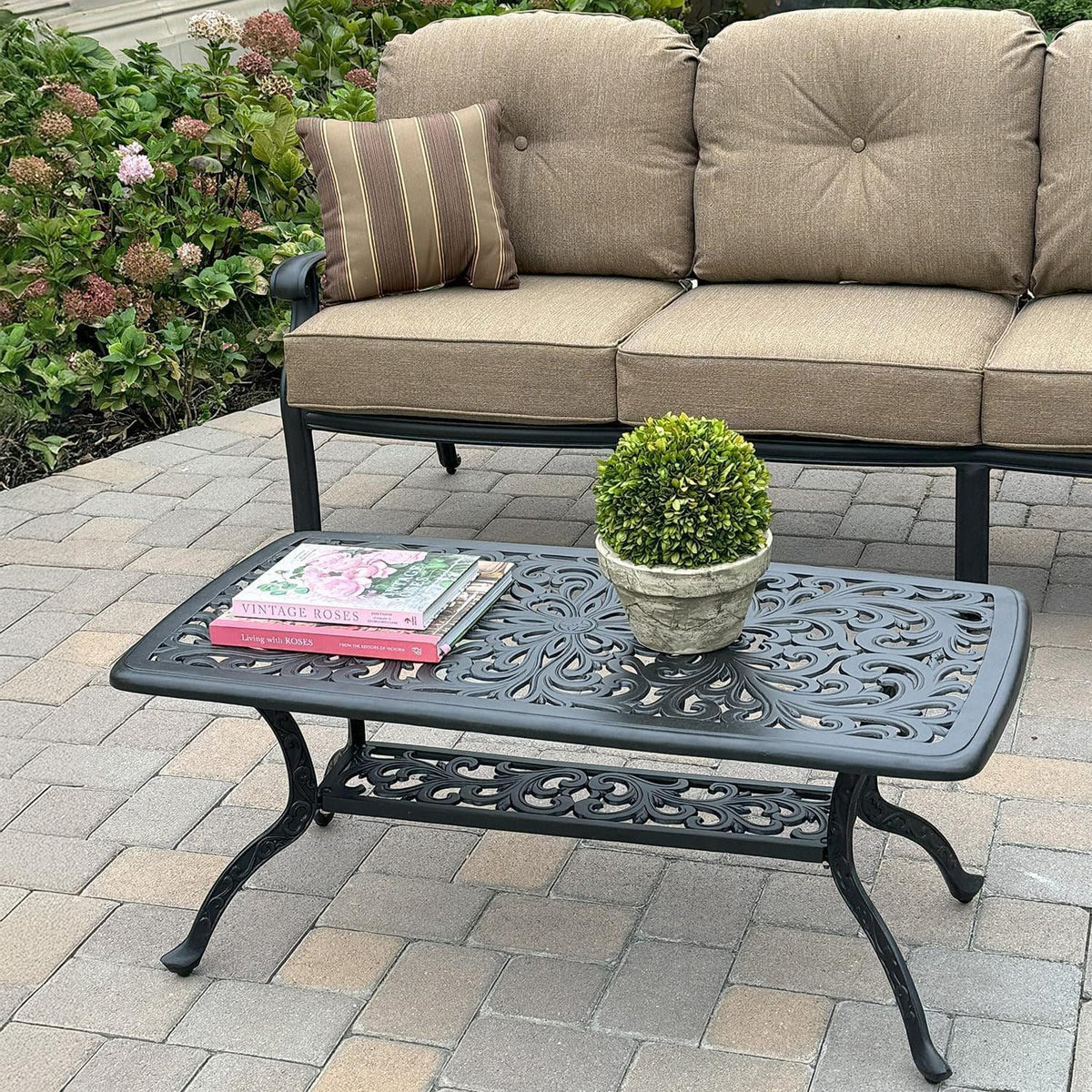 Darlee 4-Piece Cast Aluminum Outdoor Seating Set with 42x21 Inch Rectangular Table, Swivel Rockers, and Throw Pillows in Antique Bronze/Sesame