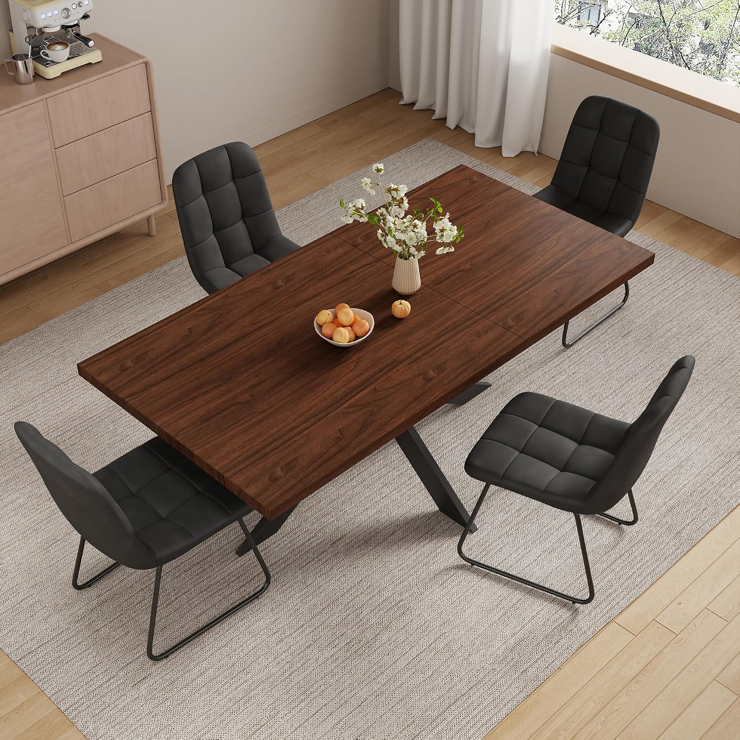 ZckyCine 7-Piece Dining Table Set with 51"-67" Extendable Walnut Wood Table and 6 PU Leather Chairs, Modern Rectangular Kitchen Table Set with Metal Legs, Seats 6, Easy Assembly