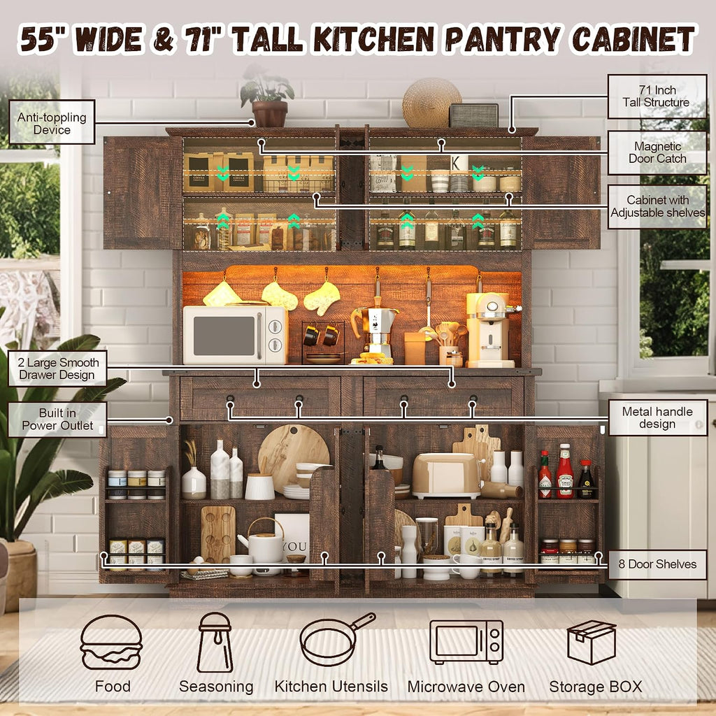 71" Tall Large Pantry Storage Cabinet w/Power Outlet,55" Wide Farmhouse Kitchen Hutch Storage Cabinet w/Barn Doors,2 Drawer,Large Countertop,LED Light,Rustic Coffee Bar,6 Hooks,8 Doors Shelves,Brown