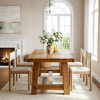 63-Inch Solid Wood Dining Table, Farmhouse Kitchen Table for 4-6 People, Rectangular Wooden Dinner Table with Thick Top & Trestle Base, Natural Wood