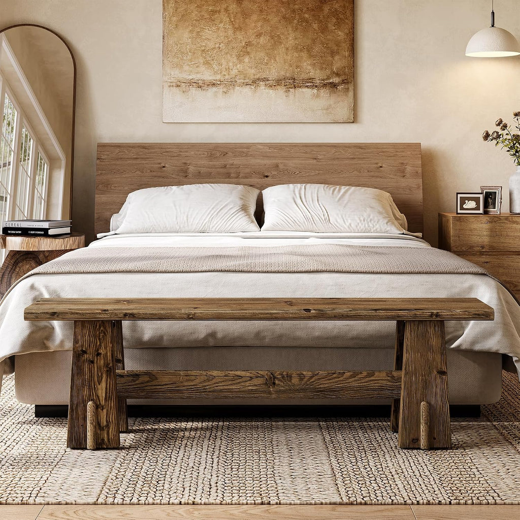 LITTLE TREE 59" Solid Wood Bench, Farmhouse Entryway Bench, Long Retro Bench for End of Bed, Dining Room, Entryway, Hallway, Living Room, Bedroom, Kitchen, Sturdy Frame Design, Rustic Brown