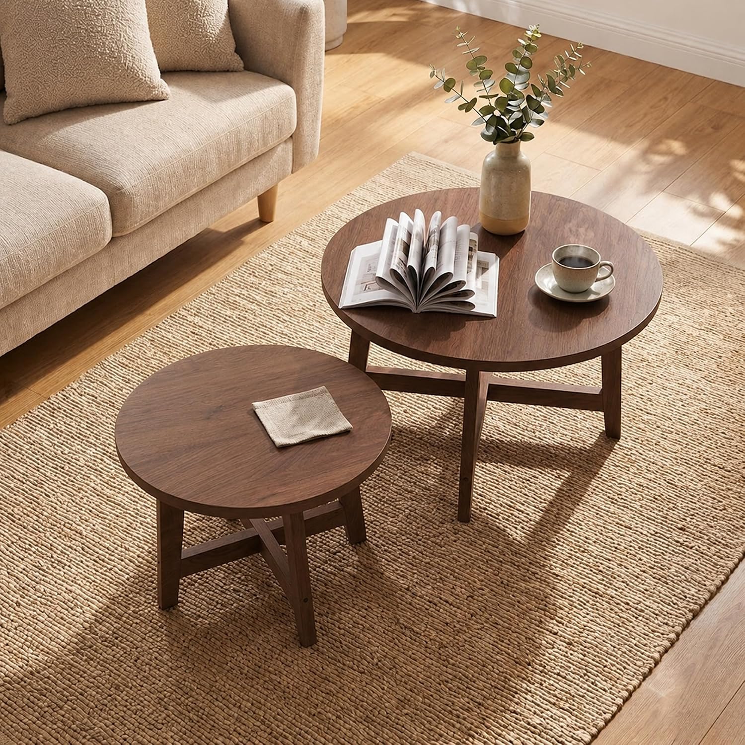 47.2" Round Nesting Coffee Table Set of 2 Walnut Wood Grain Center Tables | Space-Saving Stackable Design | Reinforced X-Cross Support Structure | Waterproof Scratch-Resistant Surface Finish