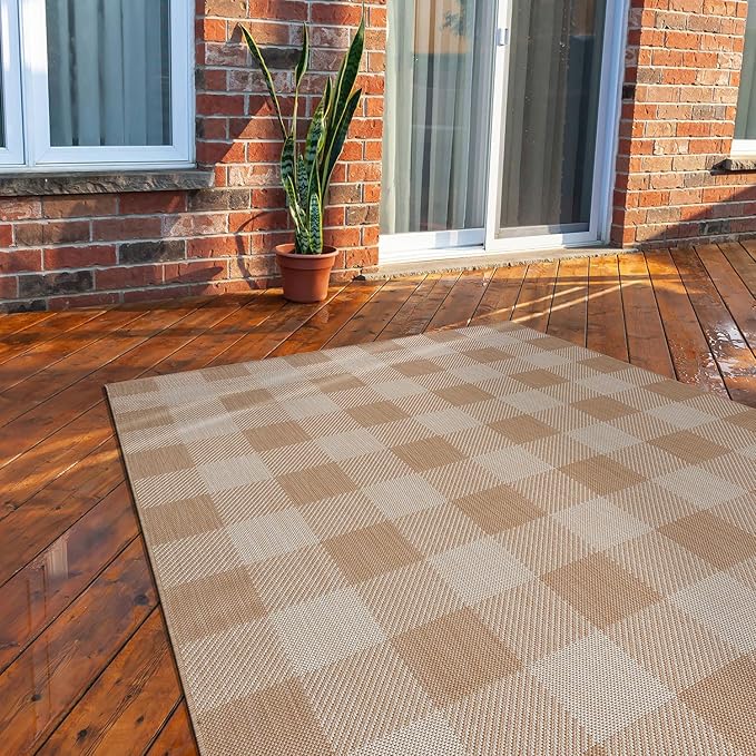 CAMILSON Outdoor Rug - Modern Area Rugs for Indoor and Outdoor Patios, Kitchen and Hallway mats - Easy Cleaning Non Shedding Washable Outside Carpet (8x10, Buffalo - Beige/White)