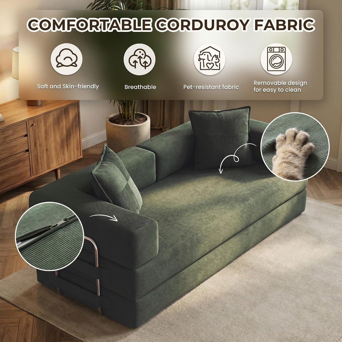 GRUSIGN 78 Inch Convertible Sofa Bed, 5-in-1 Futon Sofa Bed Pull Out Couch, Couch Bed for Living Room, Corduroy Couches for Bedroom, Apartment, No Assembly Sleeper Sofa Bed, Green