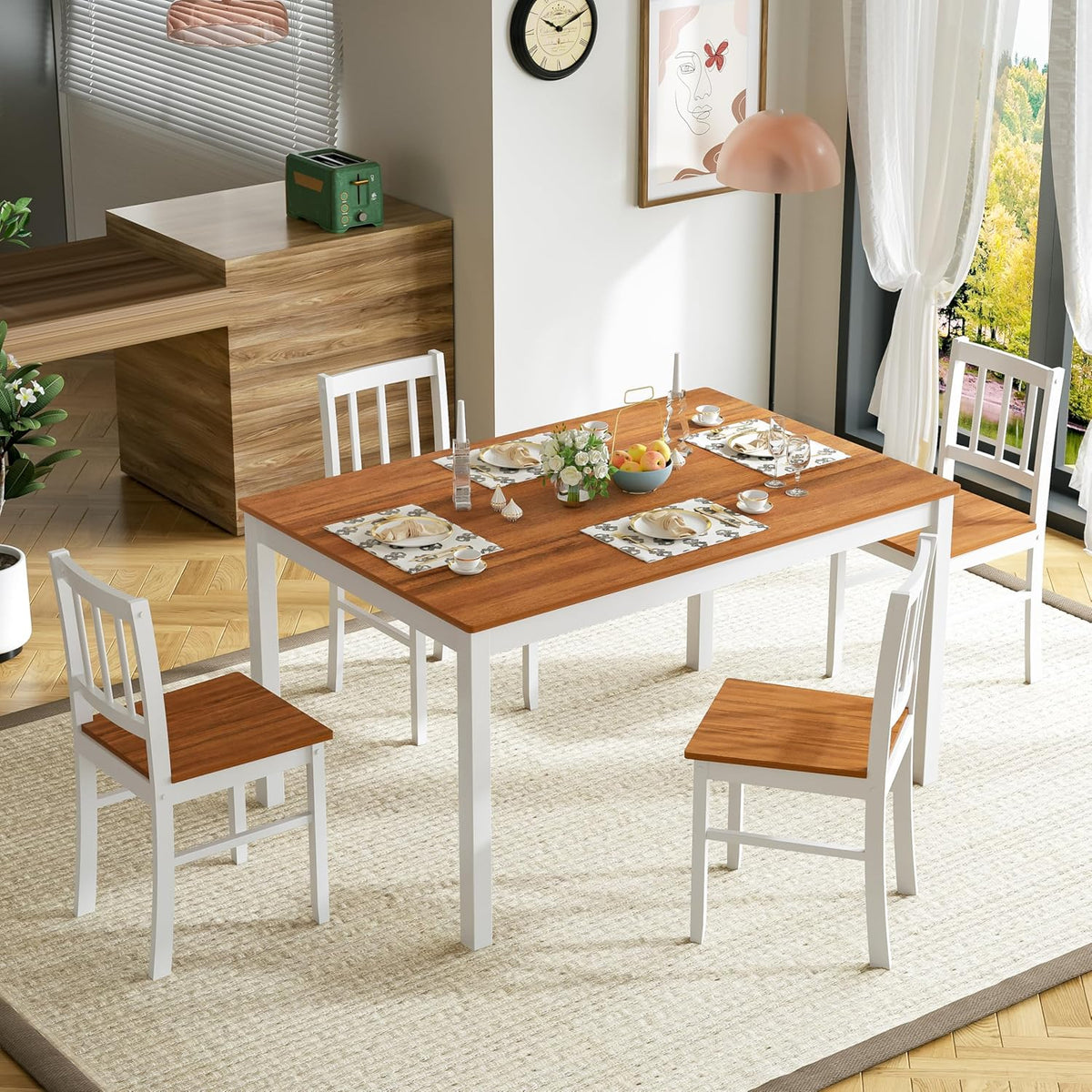MU 5 Piece Dining Table Set for 4, Rectangular Wood Kitchen Table Chairs Set with Rubber Wood Legs, Space-Saving Farmhouse Dinette Set for Small Space, Dining Room, Apartment, Brown+White