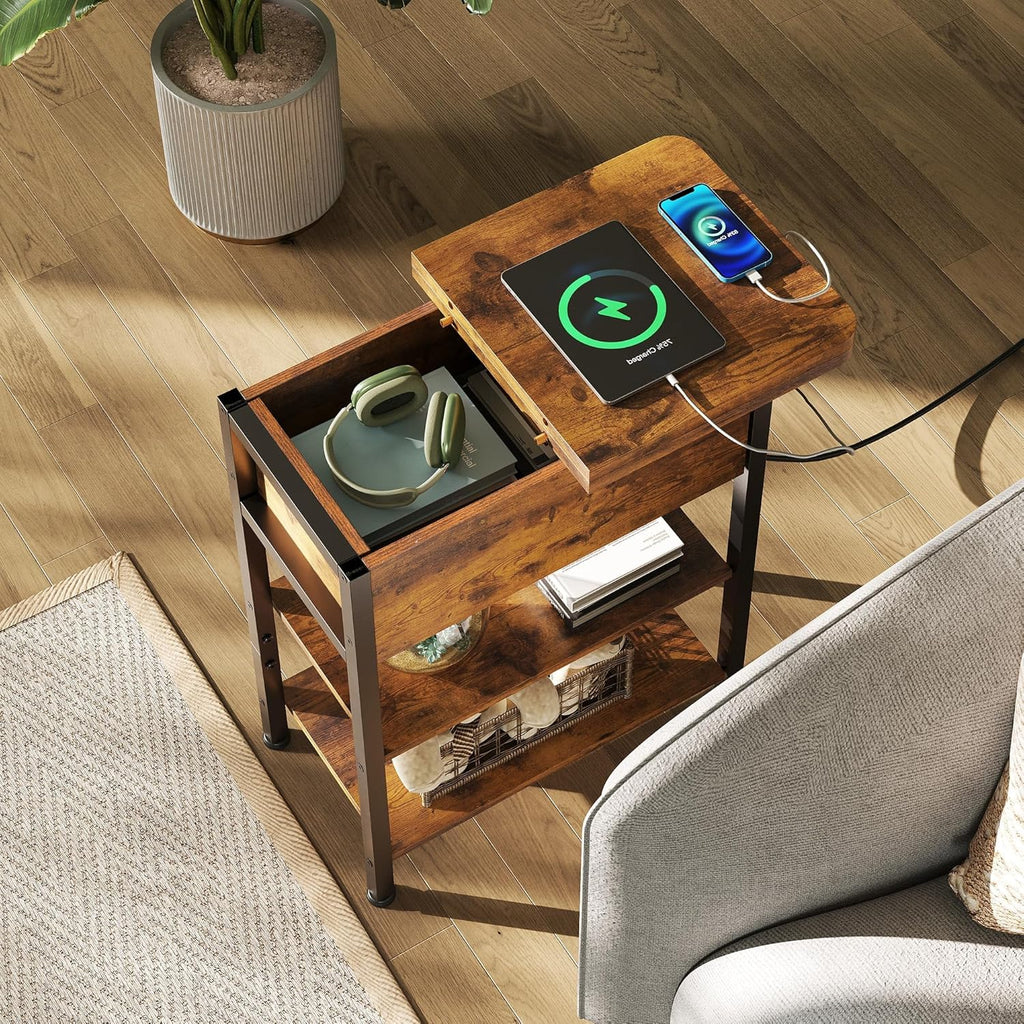 WLIVE End Table with Charging Station, Flip Top Narrow Side Table with Storage Shelf, Small Nightstand with USB Ports and Outlets,Bedside Table for Living Room, Bedroom,11.81" D x 23.62" W x 24.33" H
