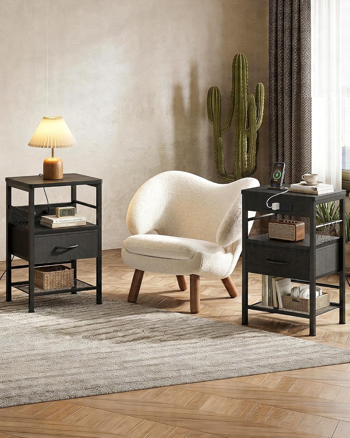 Lazzanto Nightstands Set of 2 with Charging Station, Black Night Stand | 1 Fabric Drawer, Open Shelf, Hooks, USB-C USB-A Port AC Outlets, Bedroom, Living Room, Dorm, 2-pack
