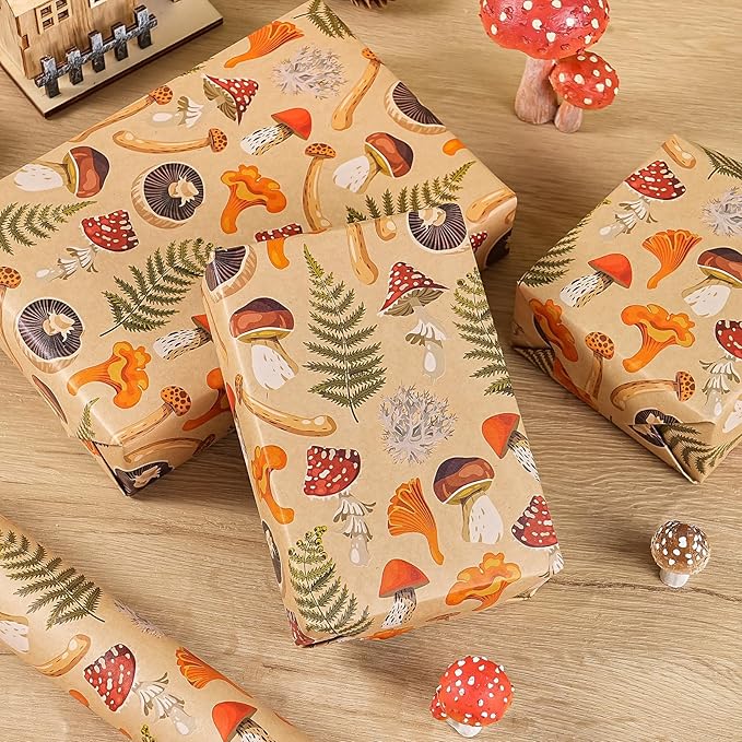 WRAPAHOLIC Kraft Mushroom Wrapping Paper Roll - Mini Roll - 17 Inch x 16.5 Feet - Mushroom Gift Wrapping Paper for Birthday, Baby Shower, Autumn