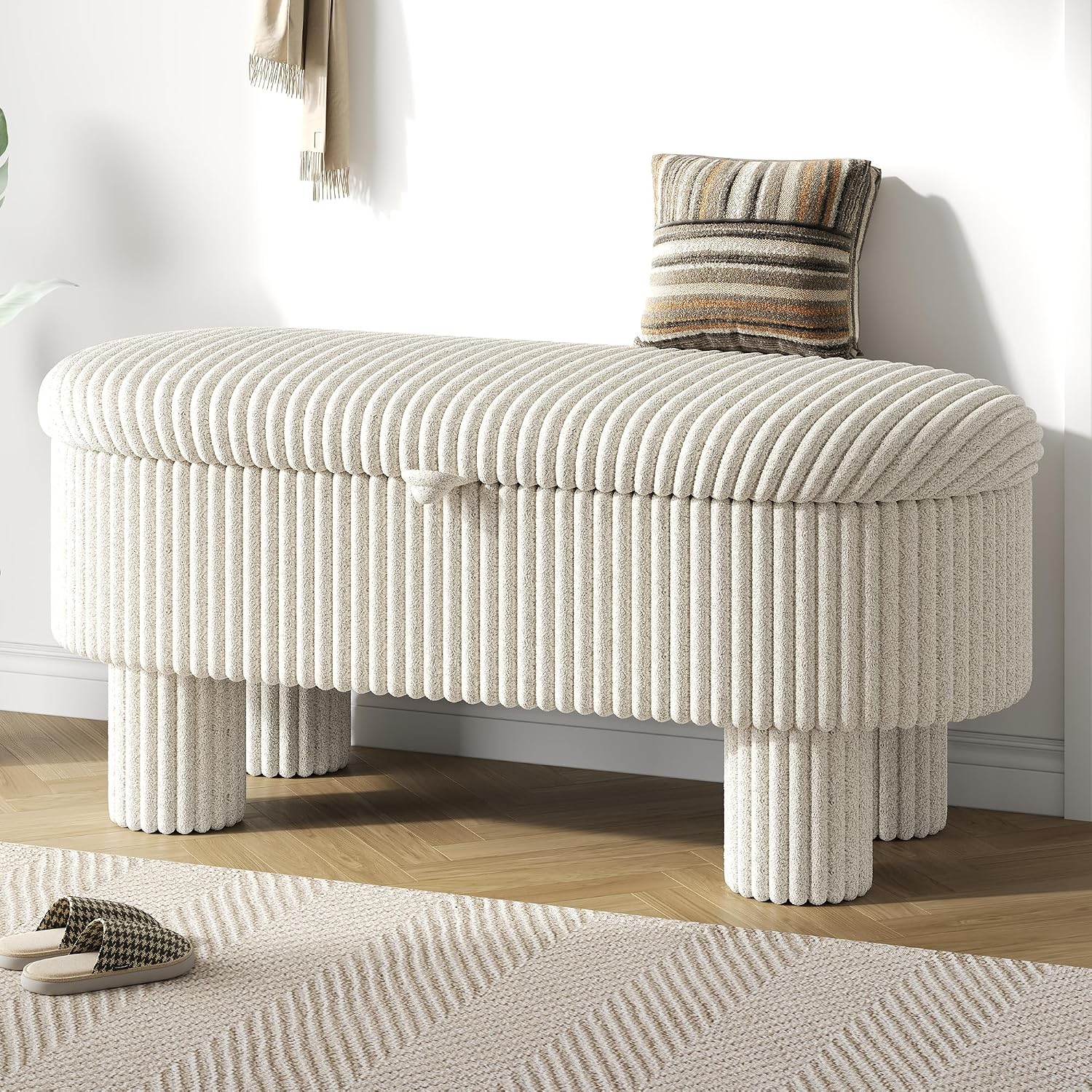 Merax Modern Storage Ottoman, Corduroy Upholstered Bench with Cylinder Legs, Wooden Bedroom Storage Seat, Beige Entryway Shoe Bench for Living Room, Bedroom
