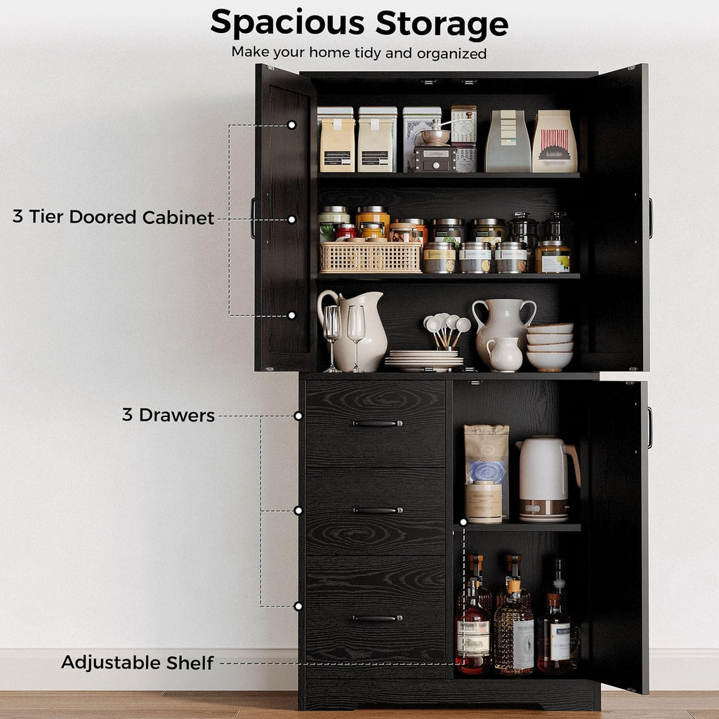 IRONCK Pantry Cabinet, Kitchen Storage Cabinet with 3 Door & Drawer, Black | Adjustable Shelf. 67.5inch Tall. 5 Tier Freestanding. 150 lbs Per Shelf. Modern Style. FSC-certified Wood. Anti-tip.