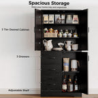 IRONCK Pantry Cabinet, Kitchen Storage Cabinet with 3 Door & Drawer, Black | Adjustable Shelf. 67.5inch Tall. 5 Tier Freestanding. 150 lbs Per Shelf. Modern Style. FSC-certified Wood. Anti-tip.