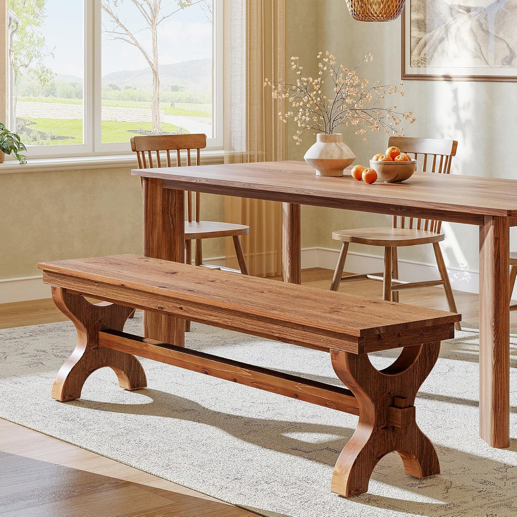 Solid Wood Dining Bench, 55-Inch Long Entryway Shoe Bench, Farmhouse Indoor Seat for Dining Room, Living Room, Hallway, Brown (1, Brown)