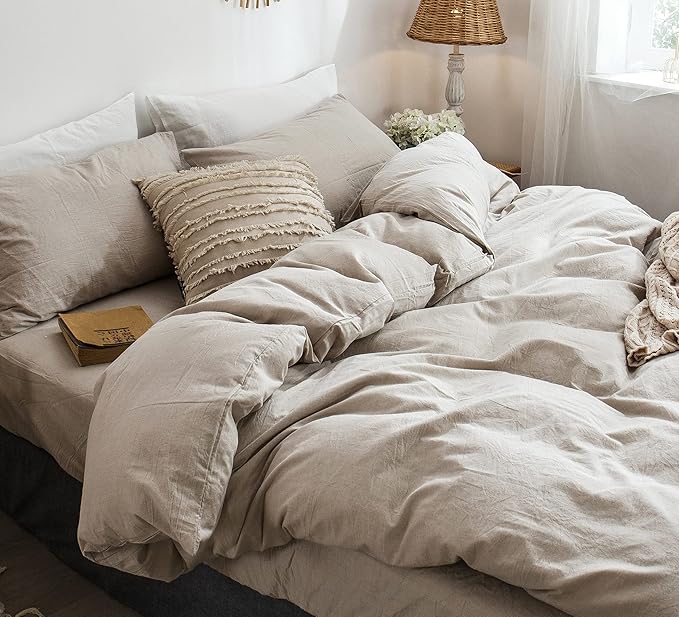 MooMee Bedding Duvet Cover Set 100% Washed Cotton Linen Like Textured Breathable Durable Soft Comfy (Heathered Tannish Linen Grey, Twin 68"x90")