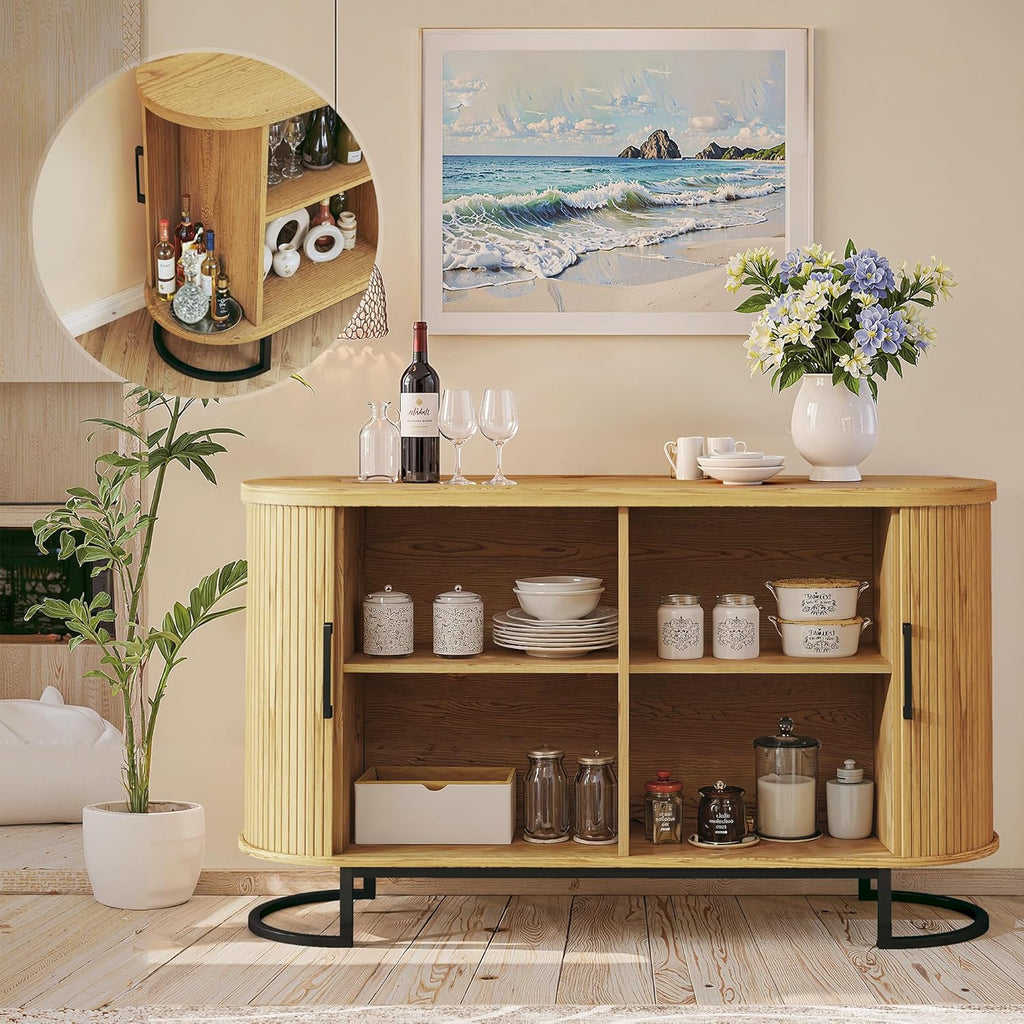 HUAHUU Sideboard Buffet Cabinet with Storage, 47.2" Fluted Storage Cabinet with Sliding Door & Adjustable Shelf, Modern Accent Coffee Bar Console Cabinet for Living Room Kitchen, Natural Oak