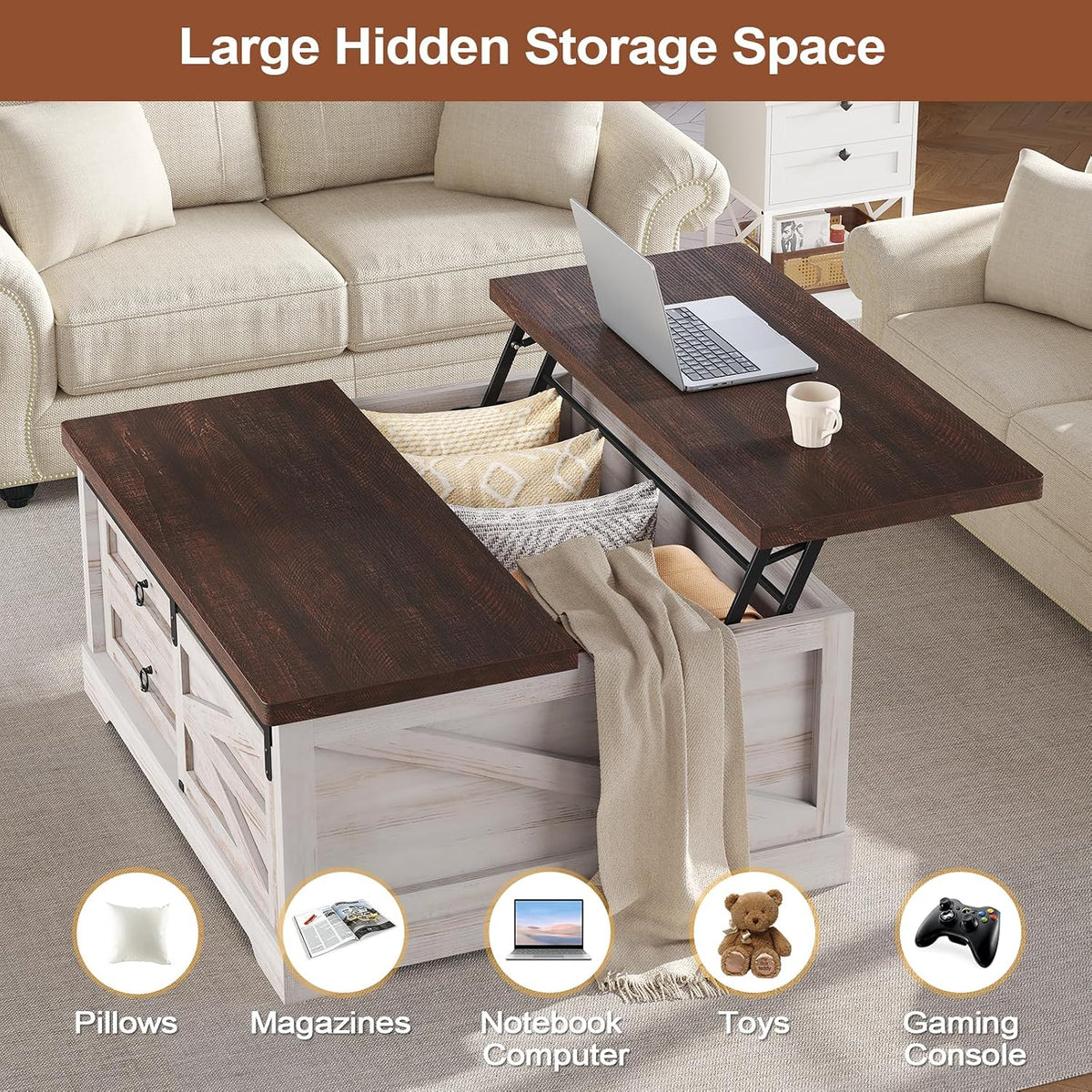 Itaar 39.4'' Lift Top Coffee Table with Storage, Farmhouse Coffee Tables for Living Room, Square Coffee Table with Large Hidden Compartment & 2 Drawers & Adjustable Shelves, Vintage White+Walnut