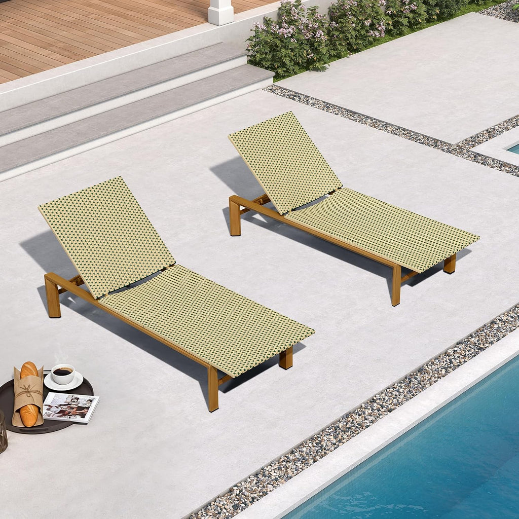 PURPLE LEAF Extra Wide Patio Lounge Chair Resort Wicker Set of 2, Green | Durable Handwoven Wicker, Matte Teak Wood-Grain Aluminum Frame, 5 Adjustable Positions, Non-Slip Pads, 440 lbs Capacity