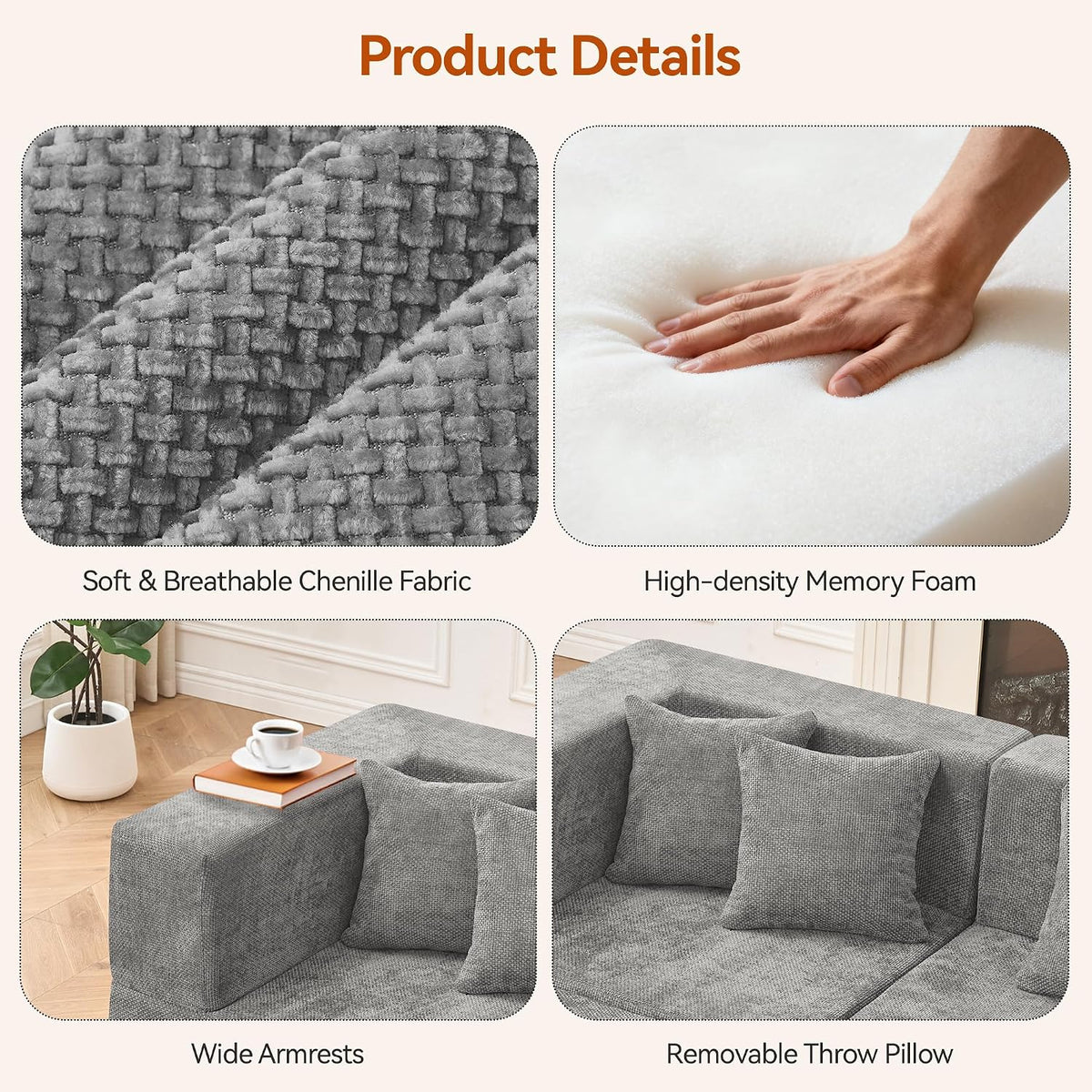 MONVANE 103'' Modular Sectional Sofa, Cloud Sectional Couch with Ottoman, Convertible Chenille L Shaped Couch with Deep Seat, Sectional Couches for Living Room, No Assembly Required, Light Grey