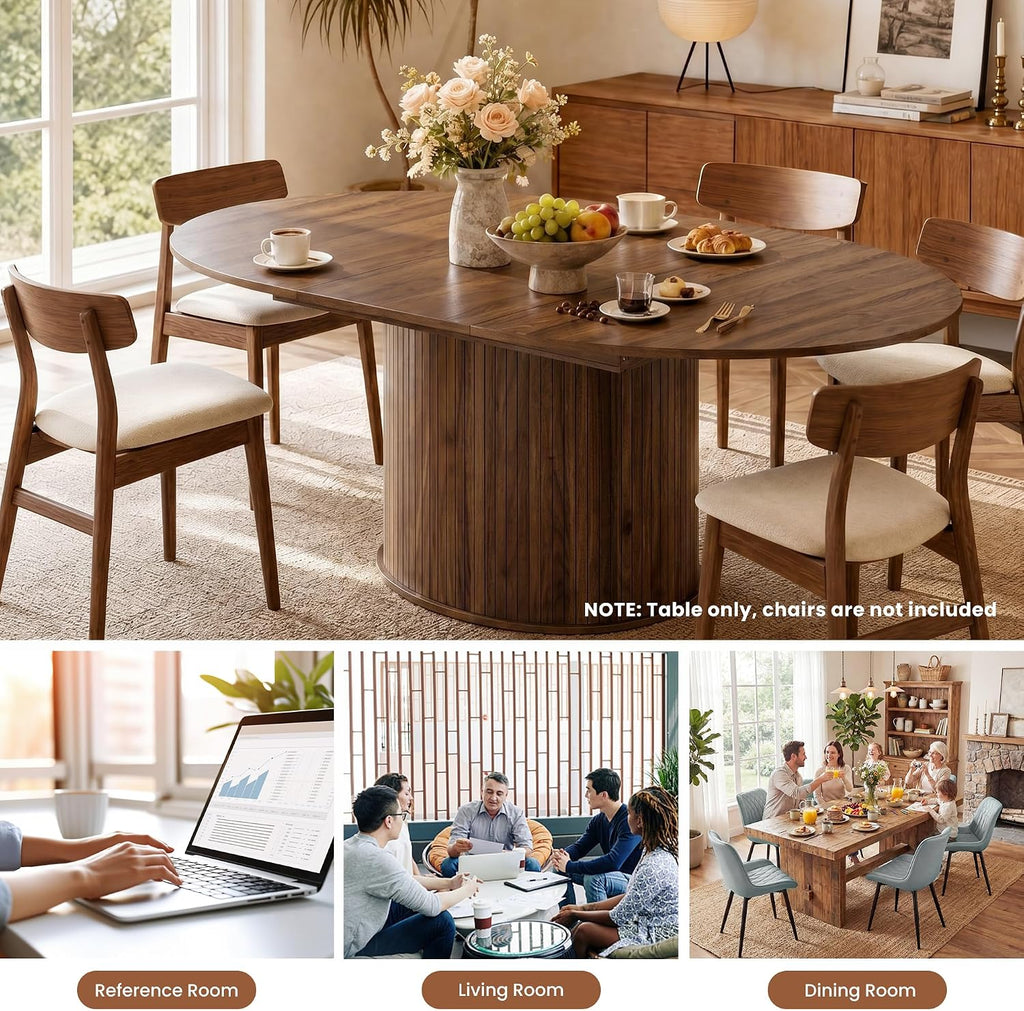 47''-63'' Extendable Round Dining Table for 4-6, Round Dining Room Table with Hidden Storage, Modern Wooden Kitchen Table with Fluted Sliding Door Cabinet for Dining Room Kitchen, Walnut