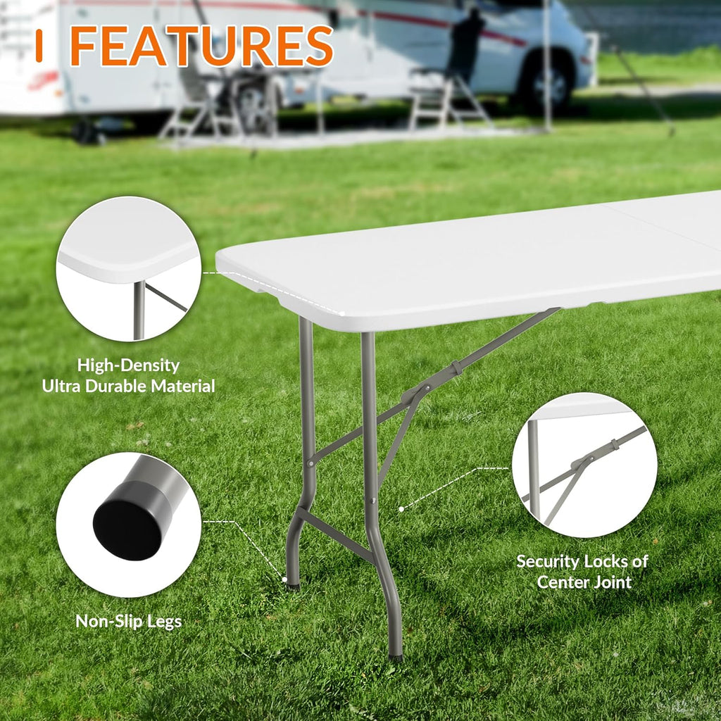 Elevon 6 Feet Heavy Duty Folding Table with Adjustable Height, Fold-in-Half Portable Table for Indoor Outdoor Use - Camping, Picnic, Party, Wedding, Dining, Utility Table