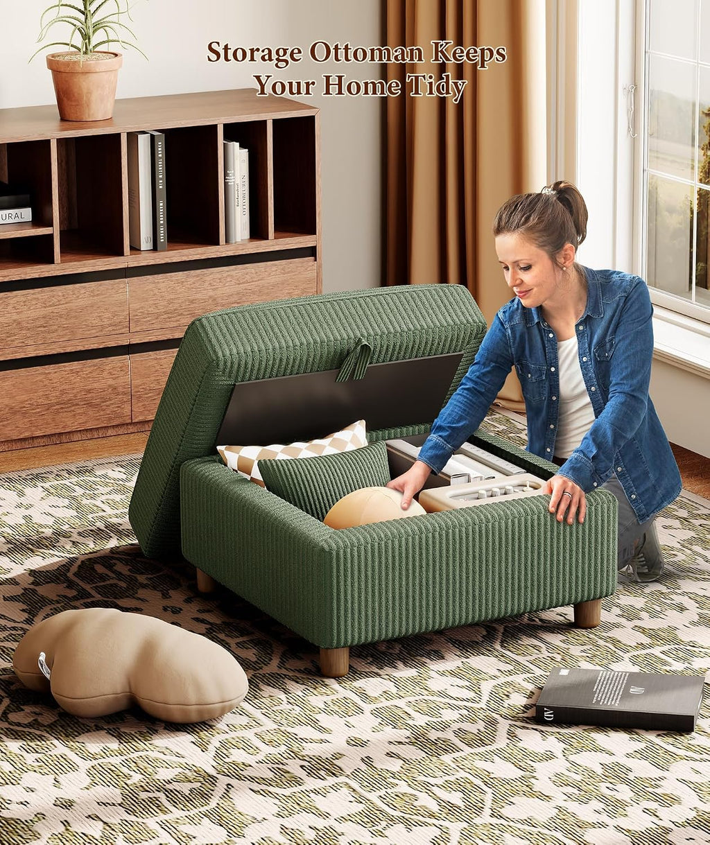 Kidirect Corduroy Ottoman with Storage, 25" Oversize Ottomans, Tool-Free Setup Storage Bench for Bedroom, Solid Wood Foot Rest, Comfy Foot Stool, Square Ottoman Coffee Table for Living Room, Green