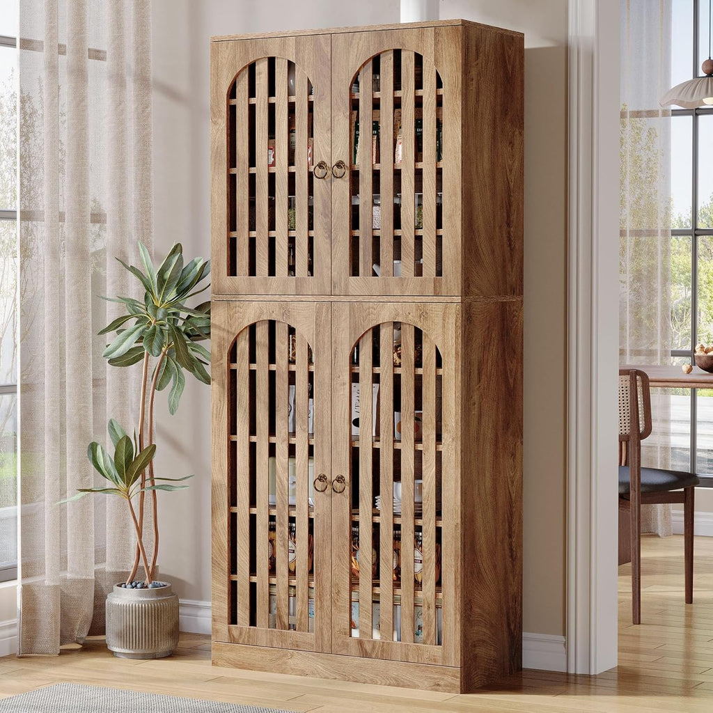 Tribesigns 70.86" Tall Kitchen Pantry Cabinet, Farmhouse Storage Cabinet with 4 Slatted Doors and 9 Storage Shelves, Rustic Wooden Cupboard for Kitchen, Dining Room, Living Room, Brown