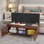 3More 40" Entryway Shoe Storage Bench,Upholstered Hidden Space Beneath Seat Cushion Bench,2-Tier Unique Geometric Shape with Wood Grain,Walnut