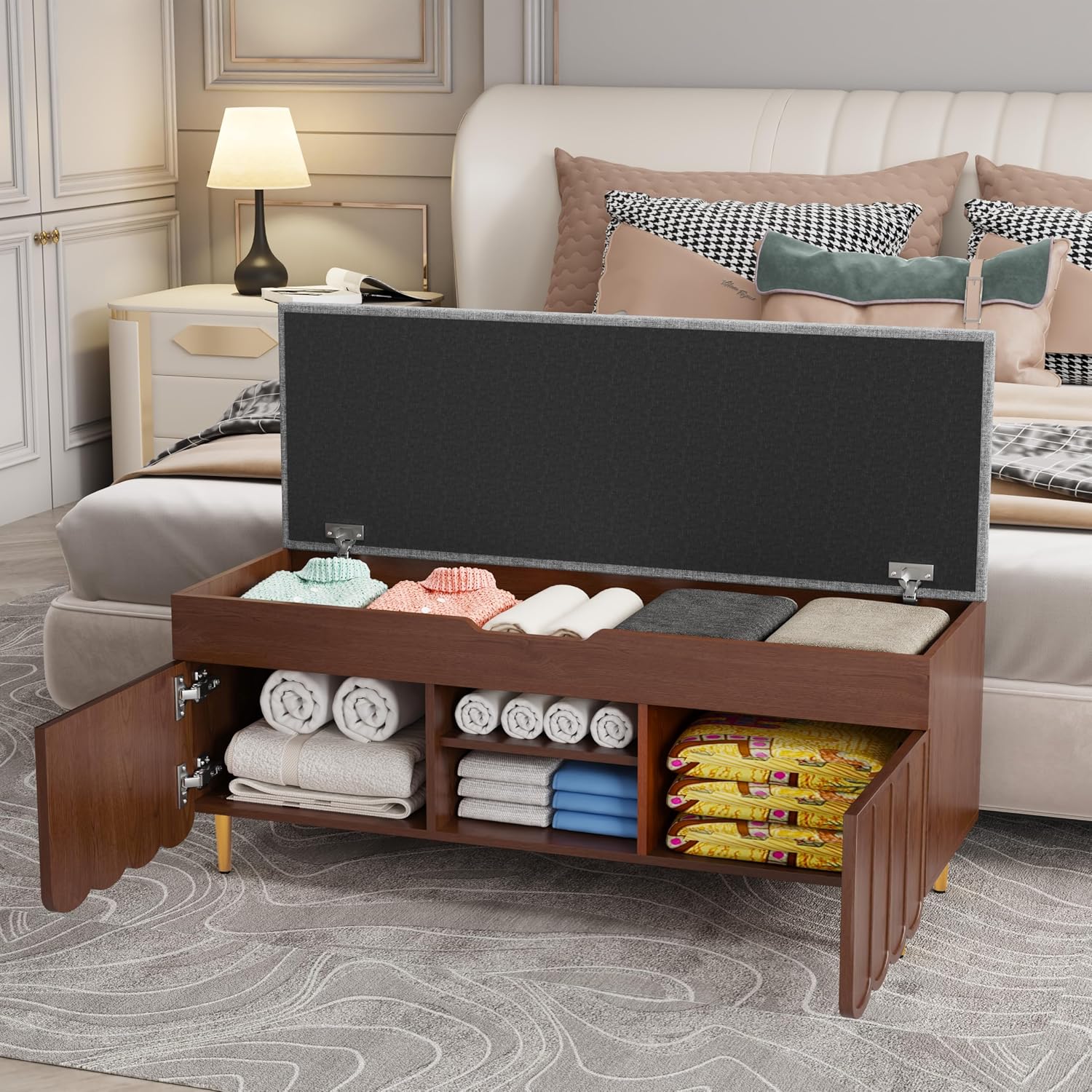 3More 40" Entryway Shoe Storage Bench,Upholstered Hidden Space Beneath Seat Cushion Bench,2-Tier Unique Geometric Shape with Wood Grain,Walnut