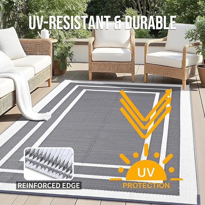 OLANLY Outdoor Rug 6x9 ft Waterproof, Reversible Outdoor Plastic Straw Rug, RV Mat, Indoor Outdoor Carpet Clearance for Patio, Camping, Balcony, Deck, Backyard, Grey & White