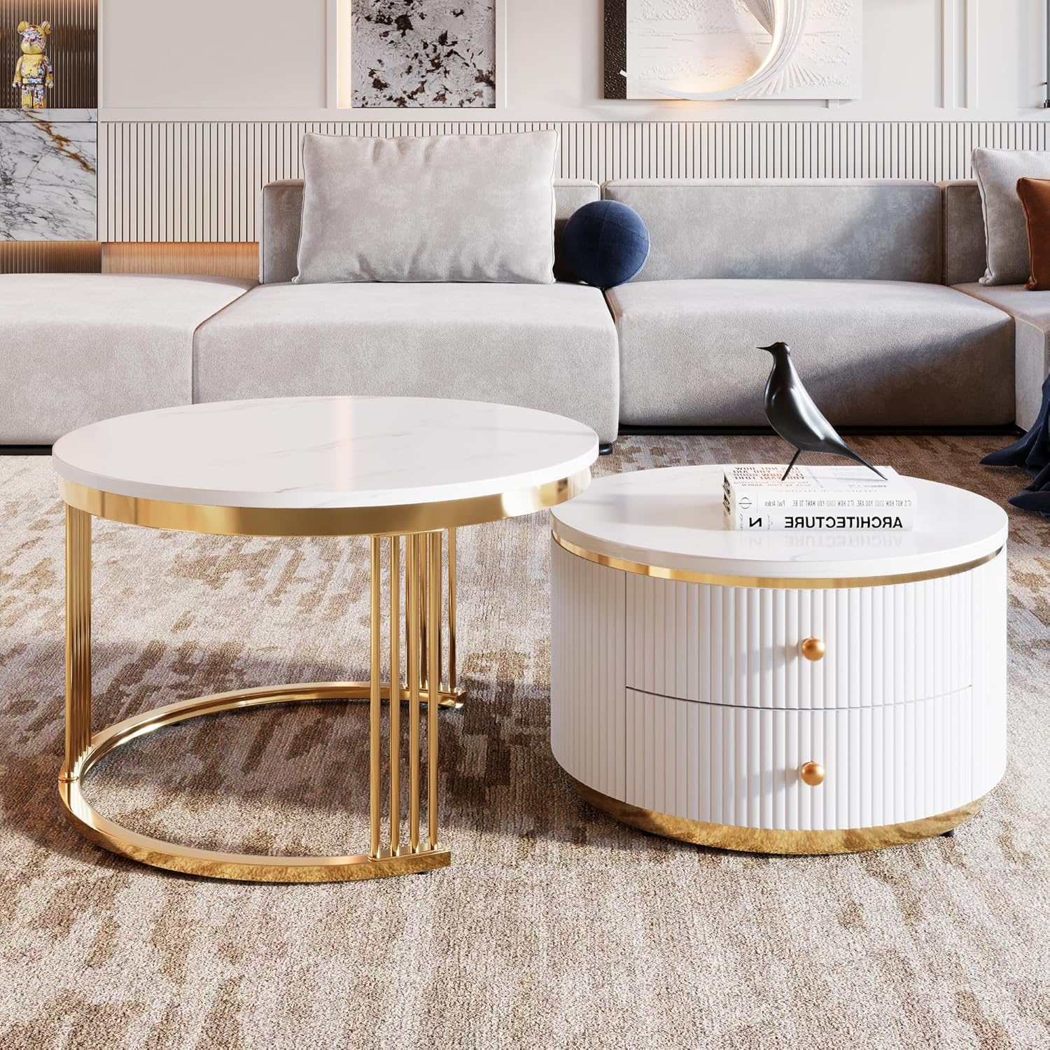 Modern 2 Pieces White Round Nesting Coffee Table with Drawers in 27.6''