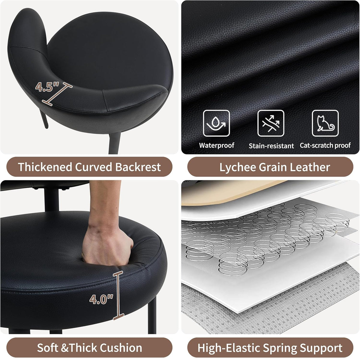 Black Dining Chairs Set of 4 Upholstered Leather Dining Chair with Curved Backrest, Mid Century Modern Chair with Metal Frame, Comfortable Chairs for Kitchen and Dining Room, Restaurant,Bar (Black-4)