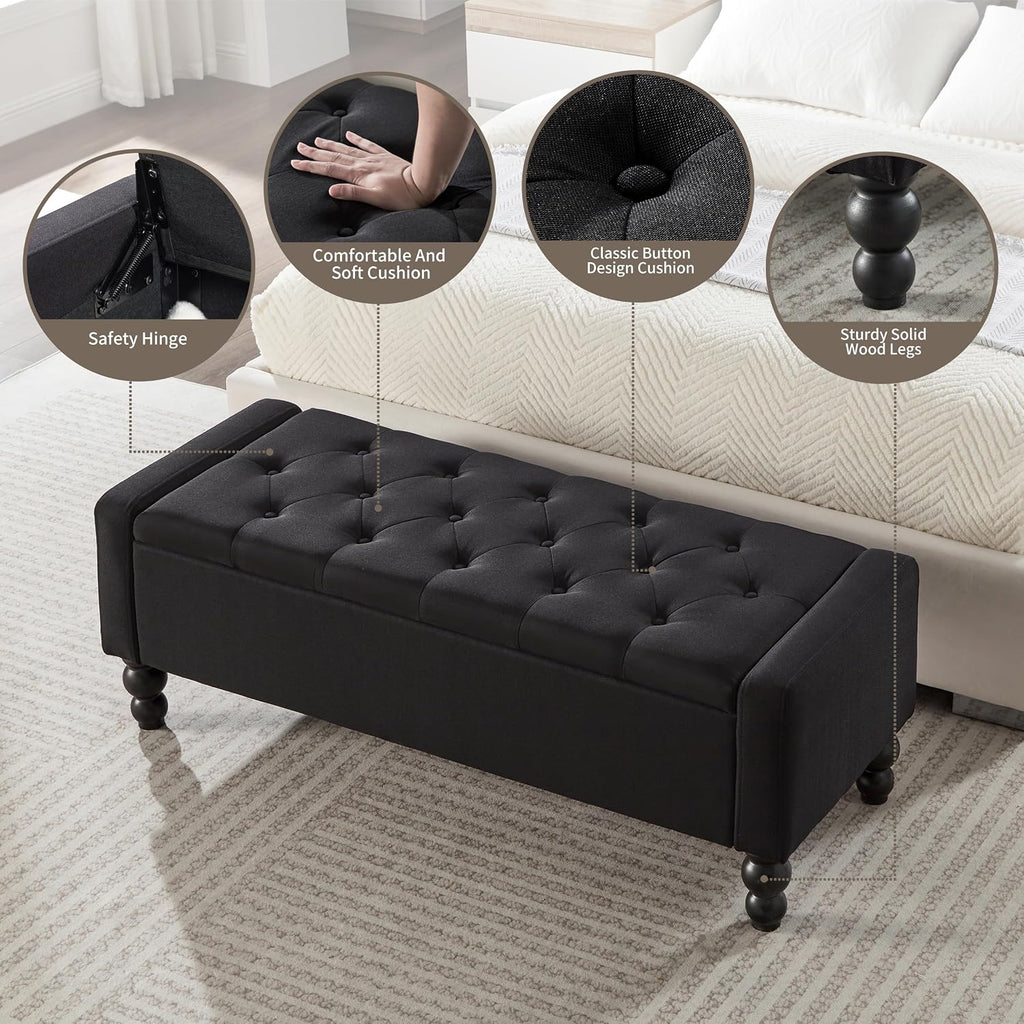 50" W Storage Ottoman Bench with Safety Hinge, Load up to 660 lb Ottoman with Storage, Upholstered Tufted Entryway Bench with Seating for Living Room, Bedroom, Entryway, Black