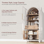 71" Tall Arched Cabinet with Glass Doors, Farmhouse Kitchen Storage Cabinet with Hidden Drawer and Adjustable Shelves, Hutch Cabinets for Dining Room, Bathroom (White)