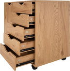 Naomi Home Amy 5-Drawer Rolling Storage Cabinet with Shelves - Natural | 5 Spacious Drawers • Storage Cabinet With 2 Shelves • Smooth-Rolling Casters • Spacious Tabletop • Modern Space-Saving Design