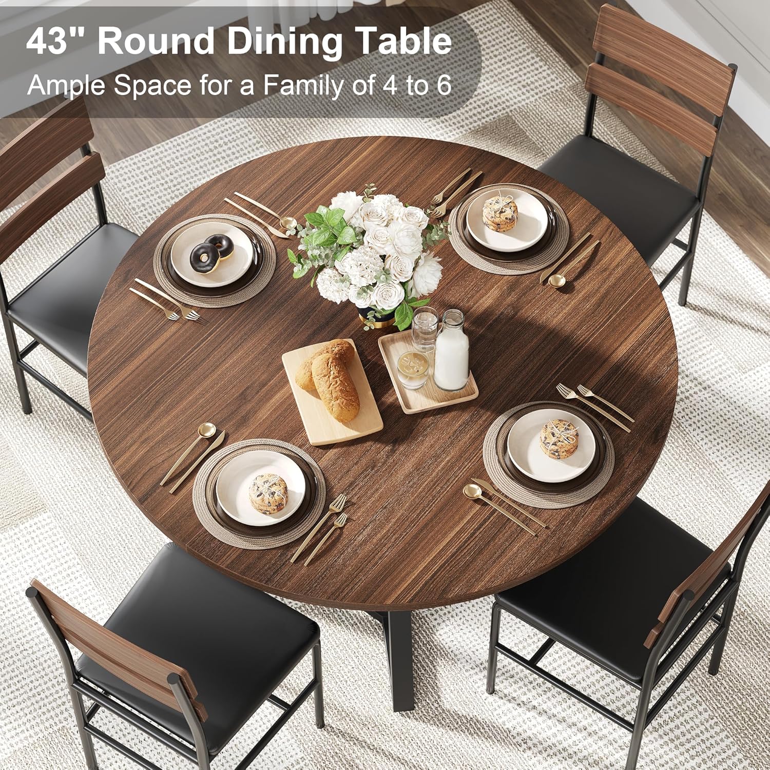 knoworld Round Dining Table for 4, Kitchen Tables Dining Room Circle Dinner Table with Pedestal Metal Frame, Space Saving Wood Industrial Kitchen & Dining Room Tables, Walnut 43In