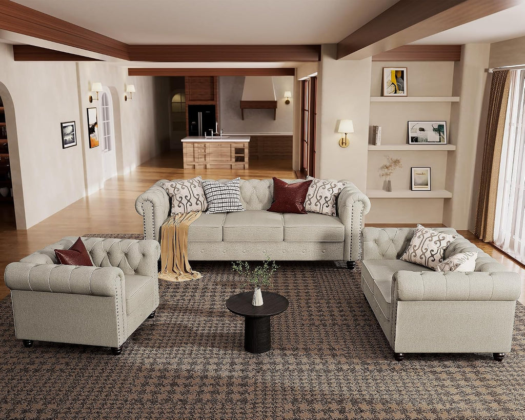 Morden Fort 3 Piece Classic Chesterfield 6-Seater Set, Tufted Chair & Loveseat & Sofa Solid Wood Legs Thick Cushion, Pet-Friendly Couch Set Furniture for Living Room Bedroom Apartment, Linen Beige