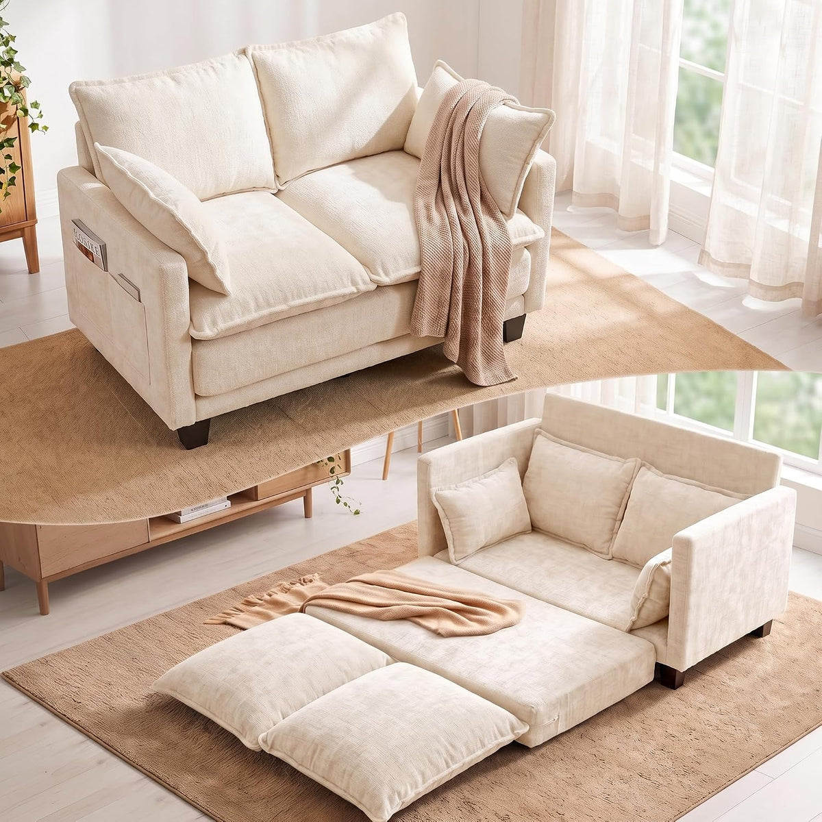 49" Loveseat Sofa Bed, 2 in 1 Convertible Small Sofa Pull Out Couch Bed Chenille Deep 2 Seat Sleeper Twin XL Futon Mattress for Small Spaces Living Room Bedroom Apartment Office, Beige
