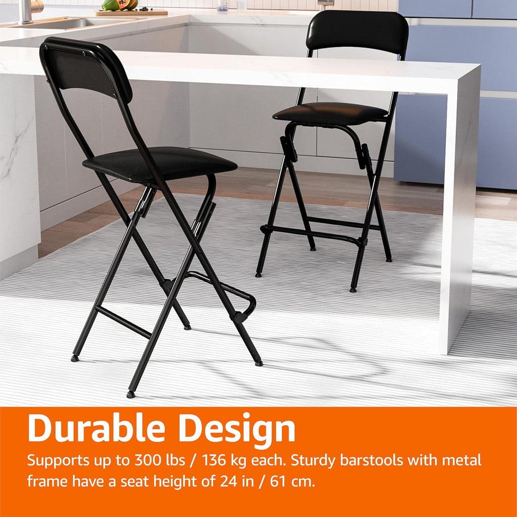 Amazon Basics Folding Bar Stool with Footrest, Portable, Sturdy, Space-Saving Storage, 300lb Capacity, 24" Height, Black, Set of 2