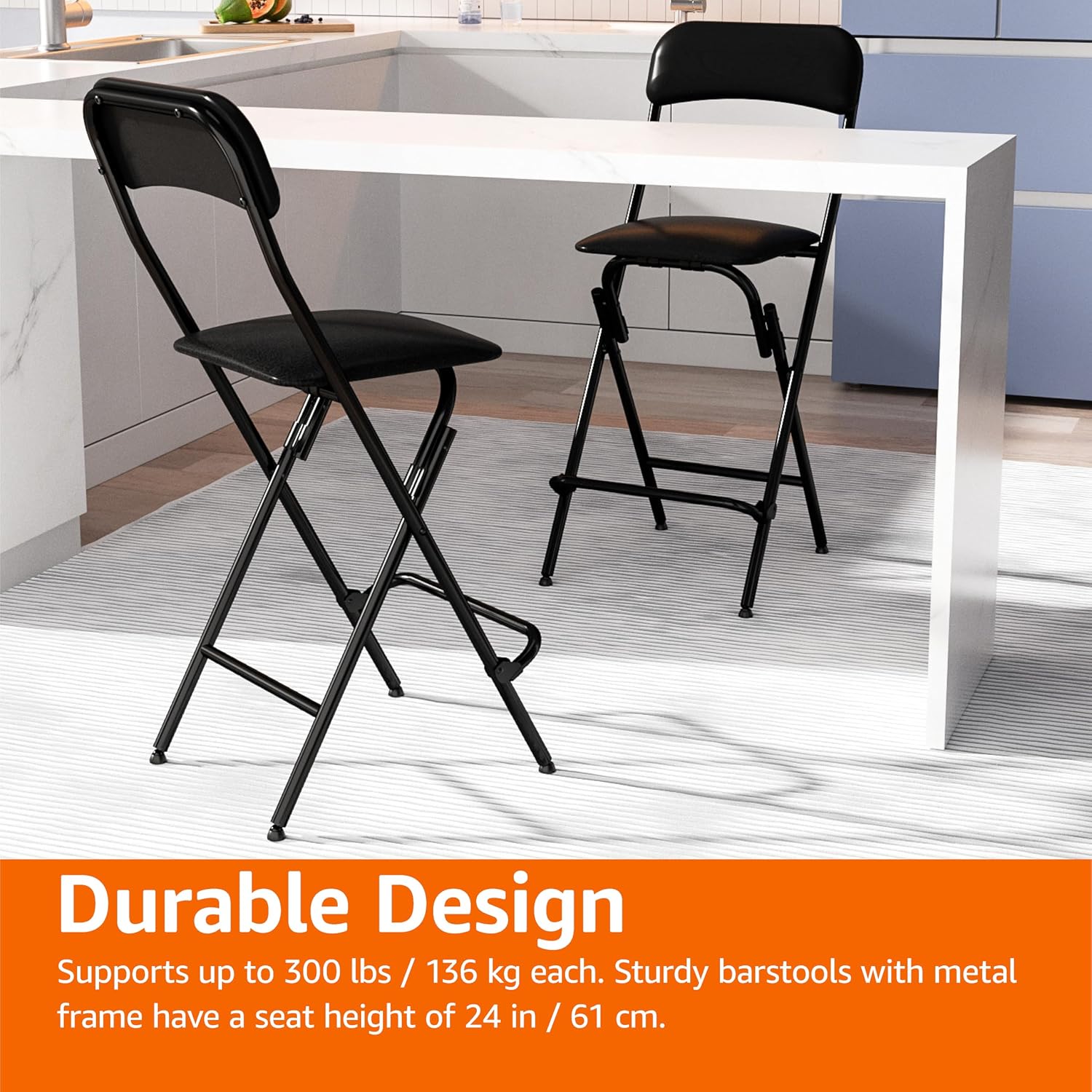 Amazon Basics Folding Bar Stool with Footrest, Portable, Sturdy, Space-Saving Storage, 300lb Capacity, 24" Height, Black, Set of 2