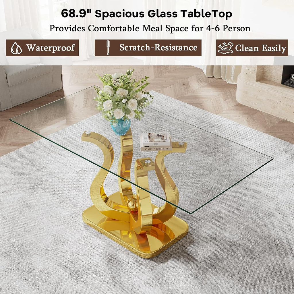69" Glass Dining Table for 4-6, Luxury Rectangular Kitchen Table with Tempered Glass and Gold Petal-Shaped Base for Dining Room, Living Room