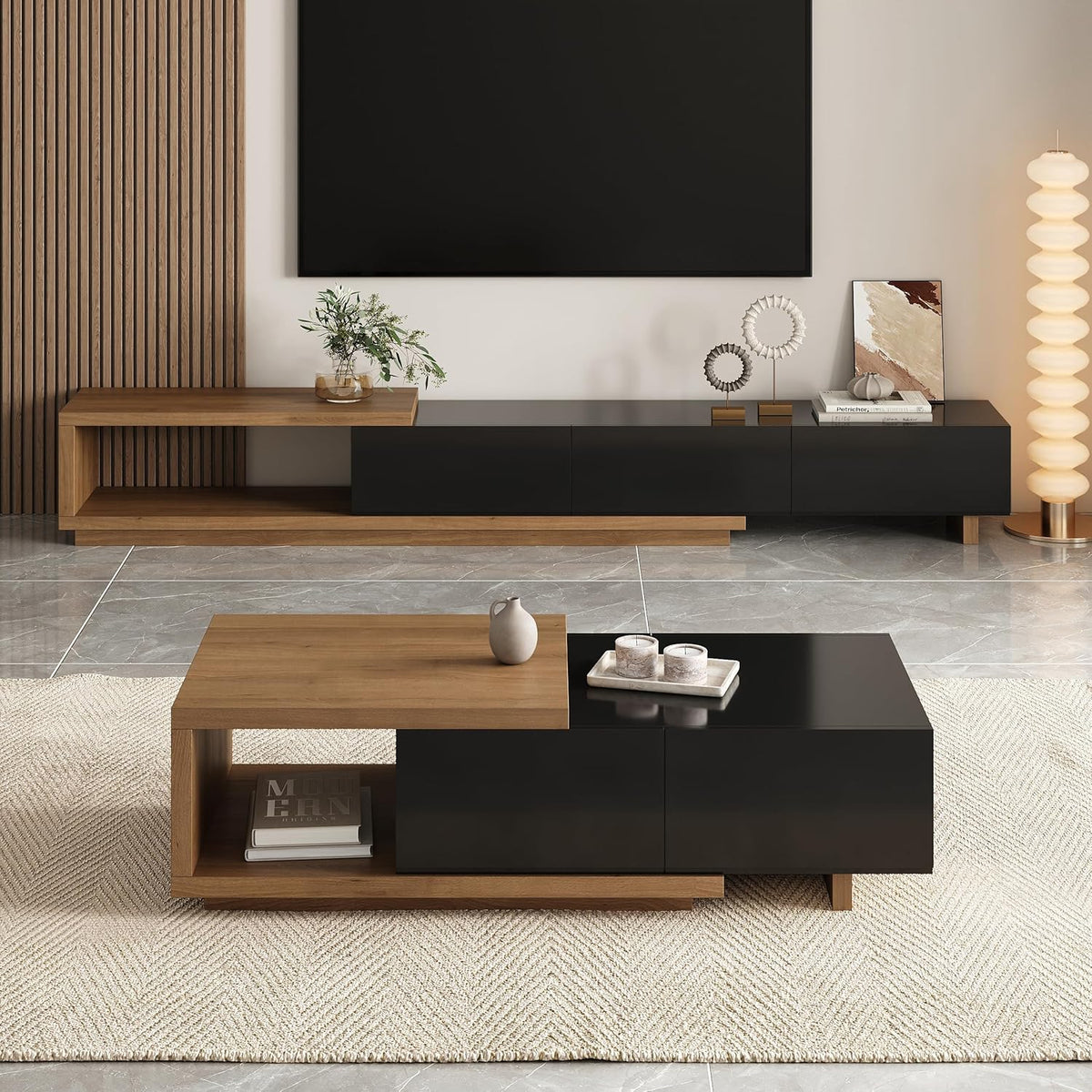 homary Modern Mid-Century Coffee Table and TV Stand Set of 2, Extendable Entertainment Center Set for Living Room (Black & Walnut)