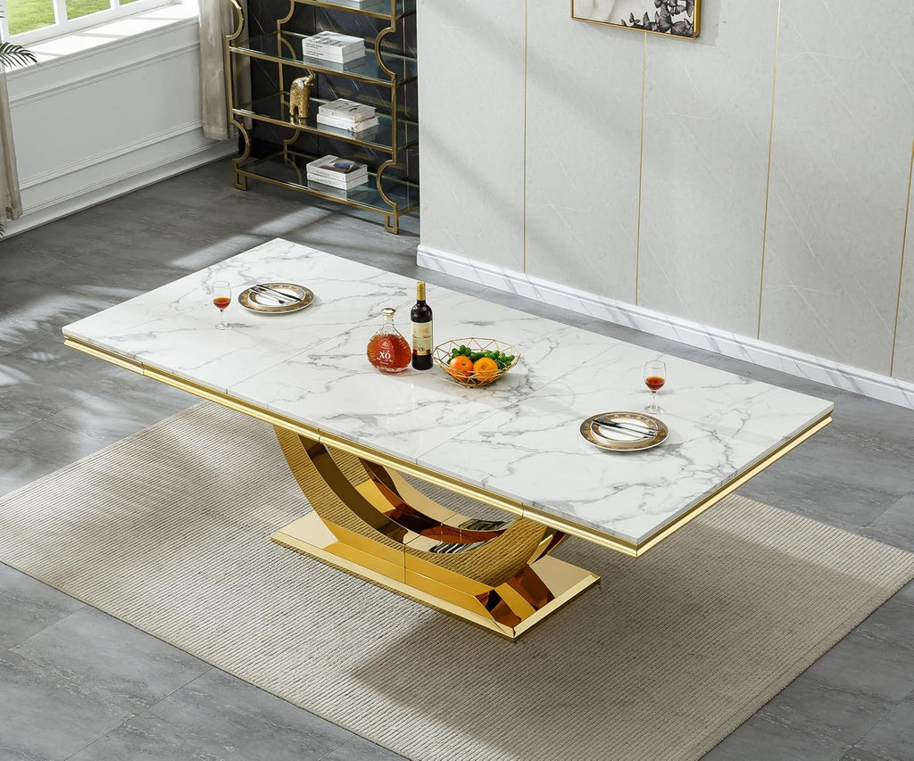 Henf 95 Inch White Faux Marble Dining Room Table for 4 6 8 10, Modern Gold Kitchen Table with U-Shape Stainless Steel Pedestal, Luxury Large Rectangle Dinner Tables for Kitchen, Dining Room