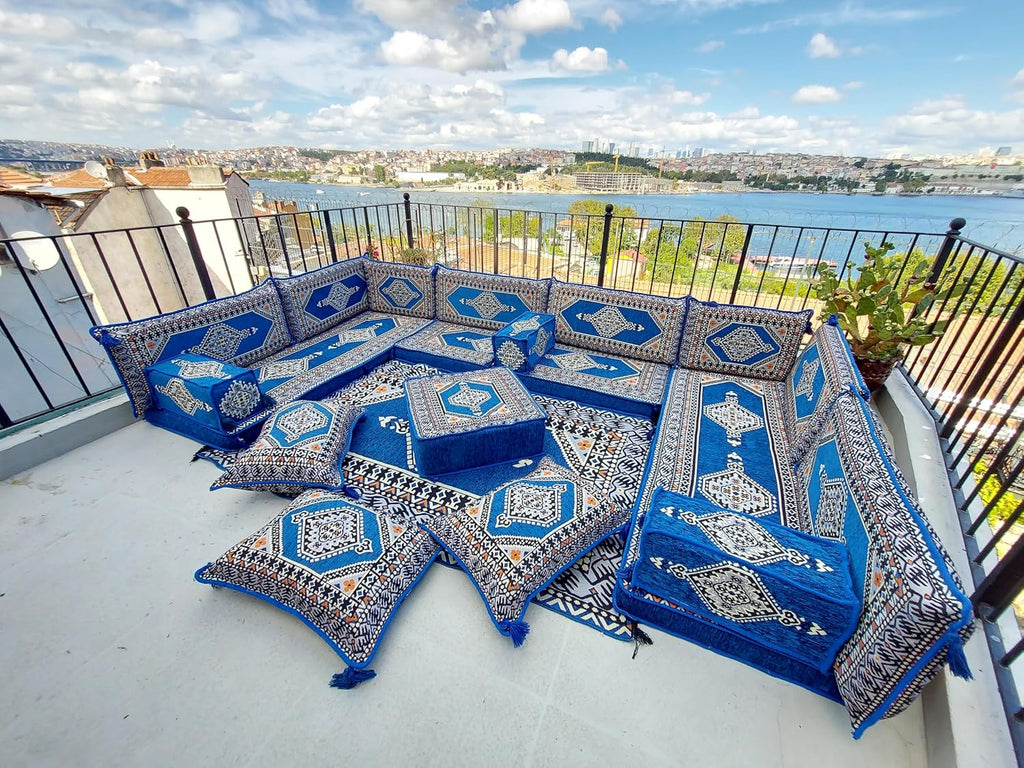 arabicsofa U Shaped Arabic Sofa Set – Royal Blue Modular Floor Seating for Guest Room